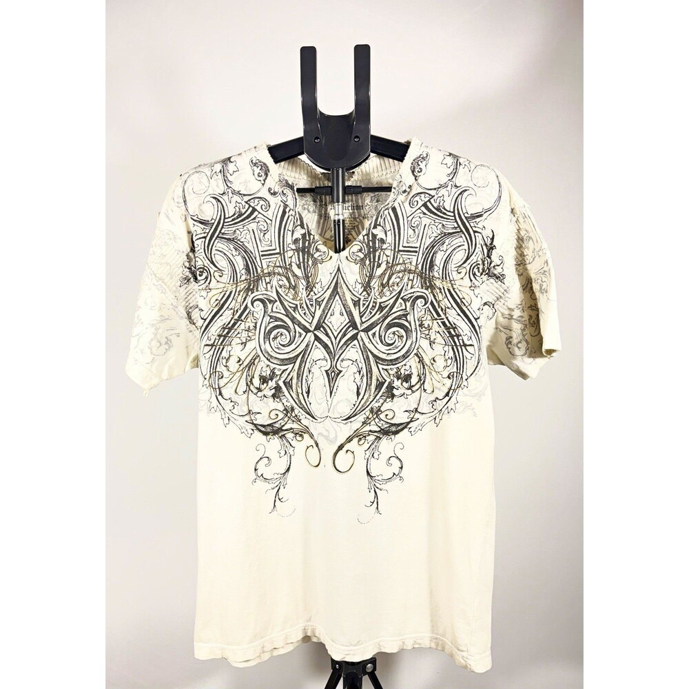 Vintage Affliction Mens XL White Cotton Knit Graphic Print V Neck Short Sleeve